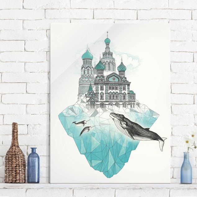 Obraz turkusowy Ilustracja kościoła z kopułami i wielorybem