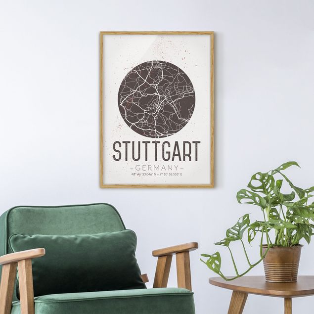 Obrazy w ramie do korytarzu Mapa miasta Stuttgart - Retro