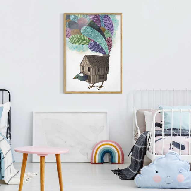 Obrazy w ramie do łazienki Ilustracja domku dla ptaków z piórami