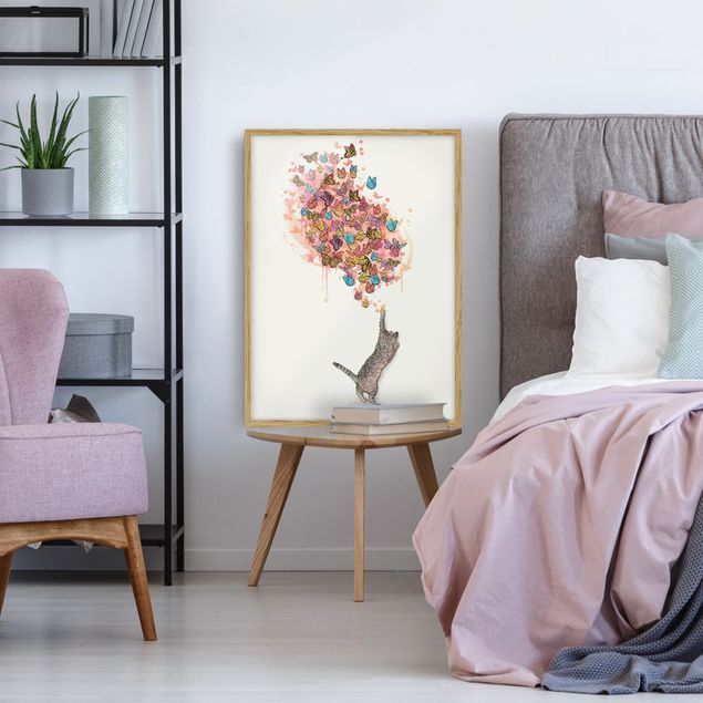 Obrazy w ramie do łazienki Ilustracja kot z kolorowymi motylami malarstwo