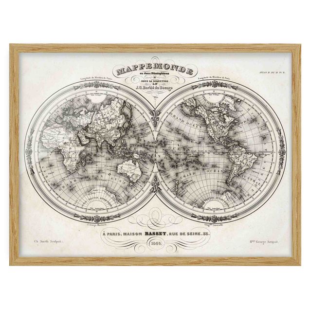 Obrazy w ramie do kuchni Mapa świata - francuska mapa półkul z 1848 r.