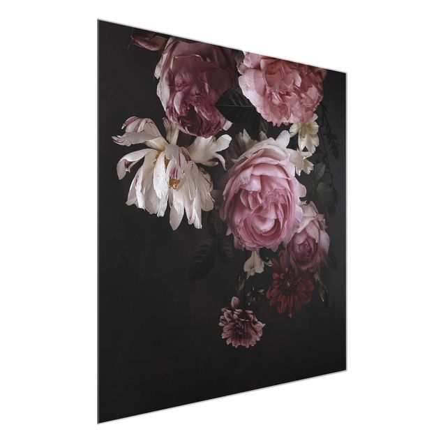 Obrazy na szkle kwadrat Różowe kwiaty na czarnym tle Vintage