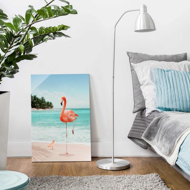 Obrazy na szkle portret Plaża z flamingiem