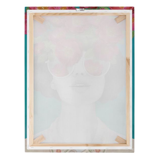Kolorowe obrazy Ilustracja portret kobiety Kolaż z kwiatami Okulary