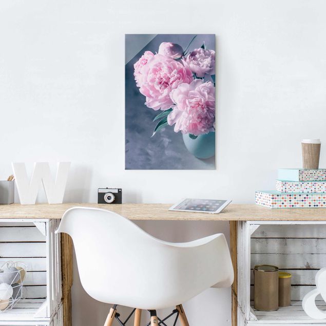 Obrazy na szkle róże Wazon z różowymi peoniami Shabby