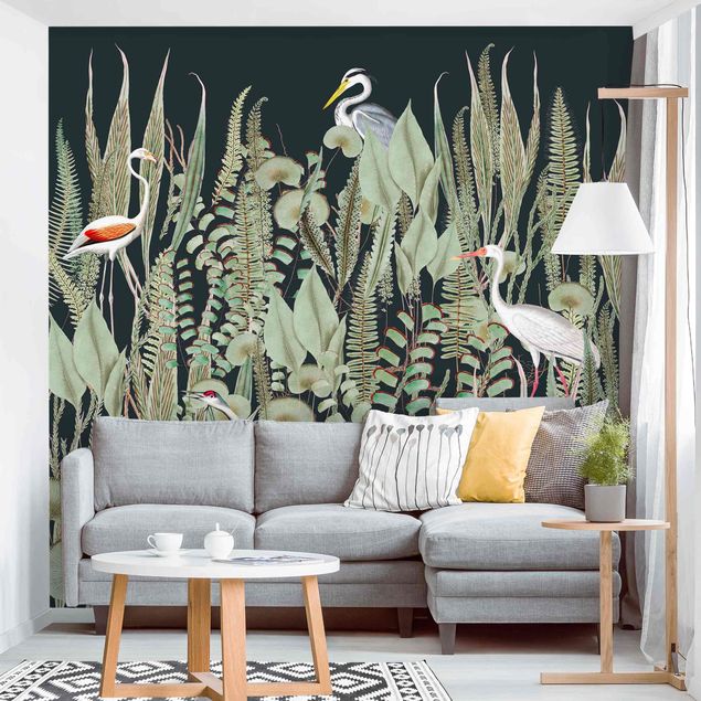 Dekoracja do kuchni Flamingo i bocian z roślinami na zielonym tle