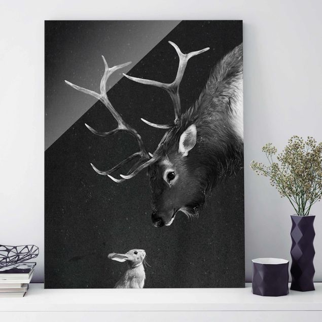 Zwierzęta obrazy Ilustracja Jeleń i zając Czarno-biały obraz