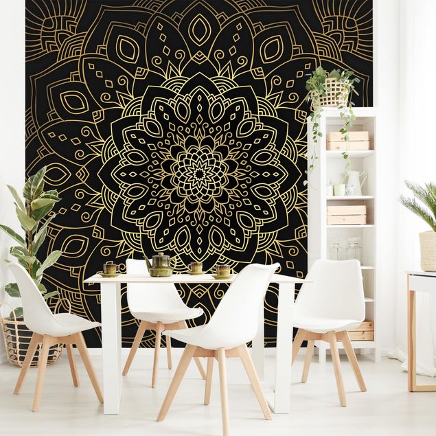 Tapety wzory Mandala wzór w kwiaty złoty czarny