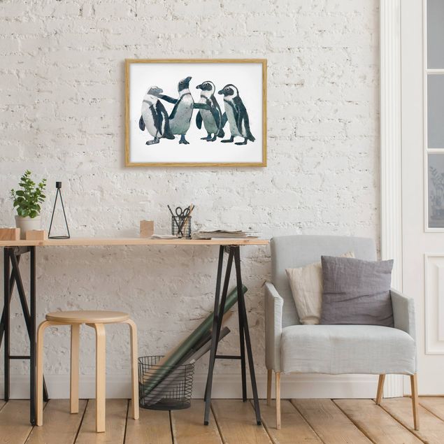 Obrazy w ramie do łazienki Ilustracja pingwinów czarno-biały Akwarela