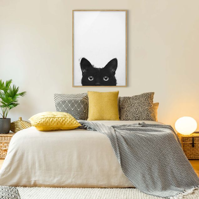 Obrazy w ramie do łazienki Ilustracja czarnego kota na białym obrazie