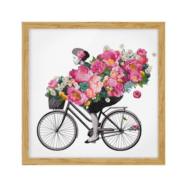Obrazy w ramie do kuchni Ilustracja Kobieta na rowerze Kolaż kolorowych kwiatów