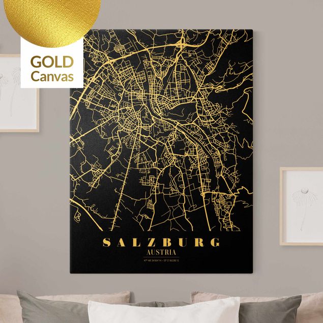 Nowoczesne obrazy Mapa miasta Salzburg - Klasyczna czerń