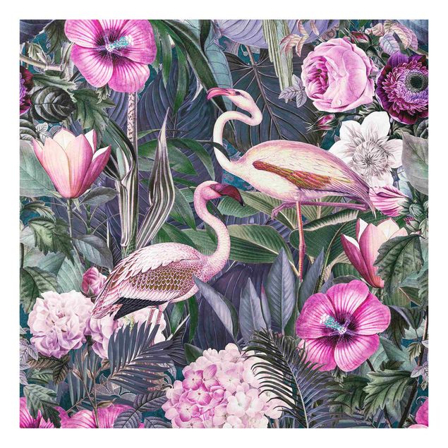Obrazy do salonu nowoczesne Kolorowy kolaż - Różowe flamingi w dżungli