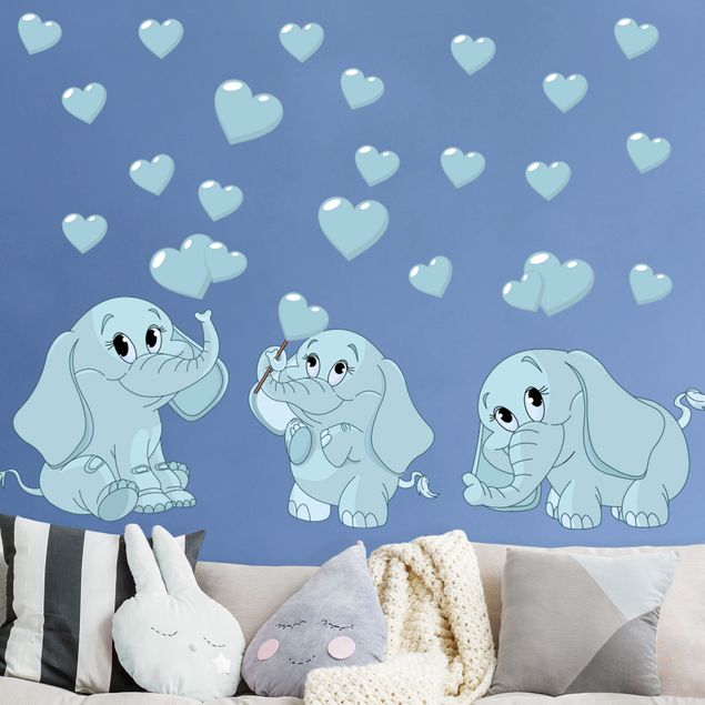 Pokój niemowlęcy Trzy niebieskie słoniki z serduszkami