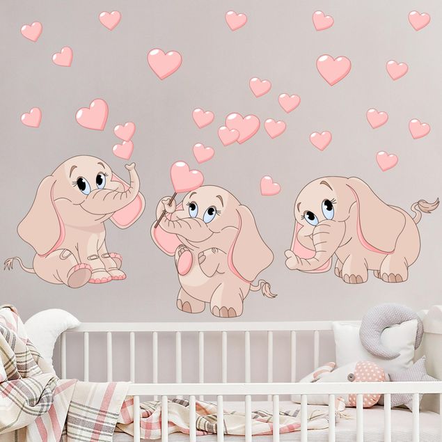 Pokój niemowlęcy Trzy różowe słoniki z serduszkami