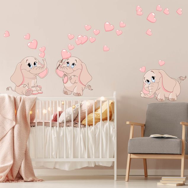Naklejki na ścianę serduszka Trzy różowe słoniki z serduszkami