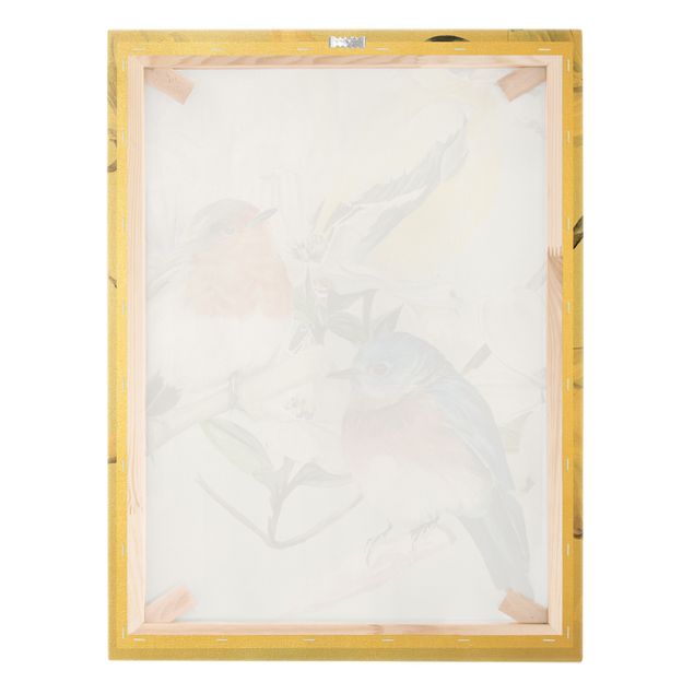 Złoty obraz na płótnie - Kolorowe ptaki na gałązce magnolii II