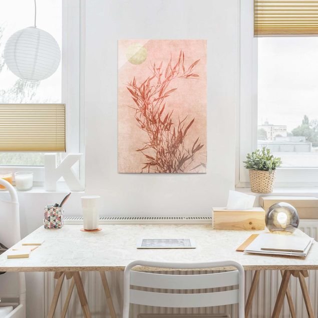Obrazy na szkle portret Złote słońce z różowym bambusem