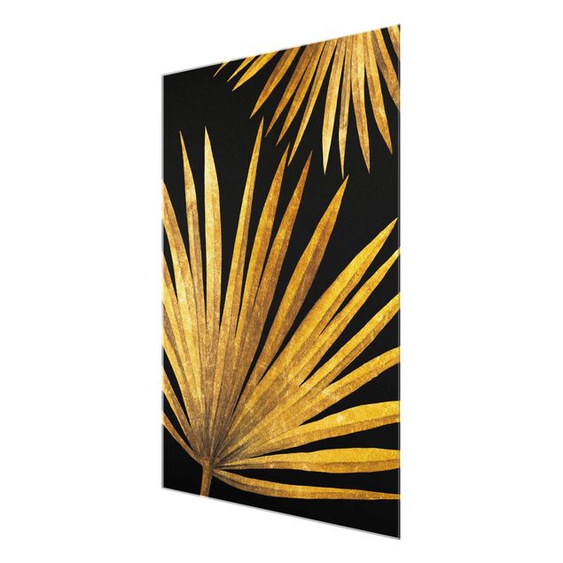 Obrazy motywy kwiatowe Złoto - liść palmy na czarnym tle