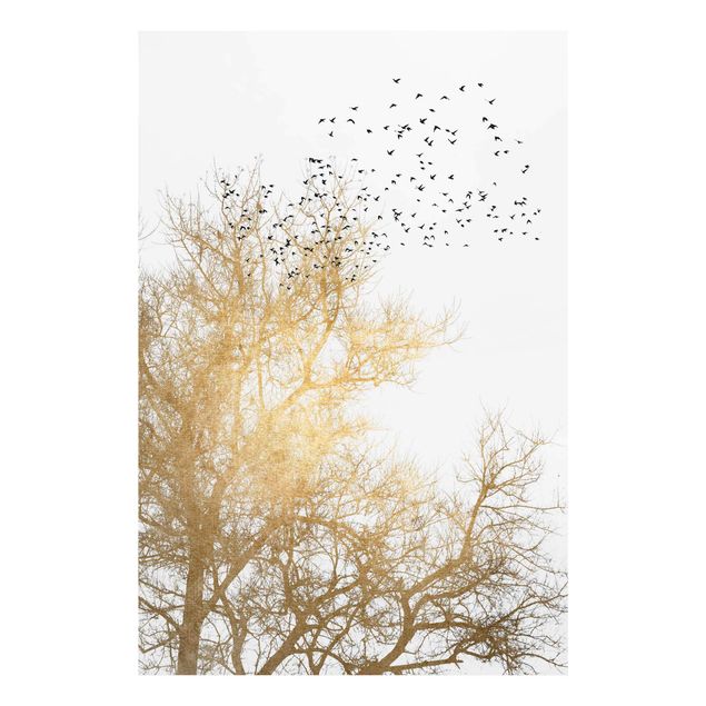 Obrazy do salonu nowoczesne Stado ptaków na tle złotego drzewa