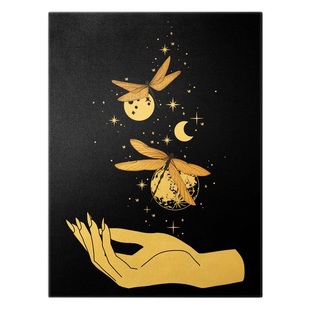 Złoty obraz na płótnie - Magiczna dłoń - Ważki i planety