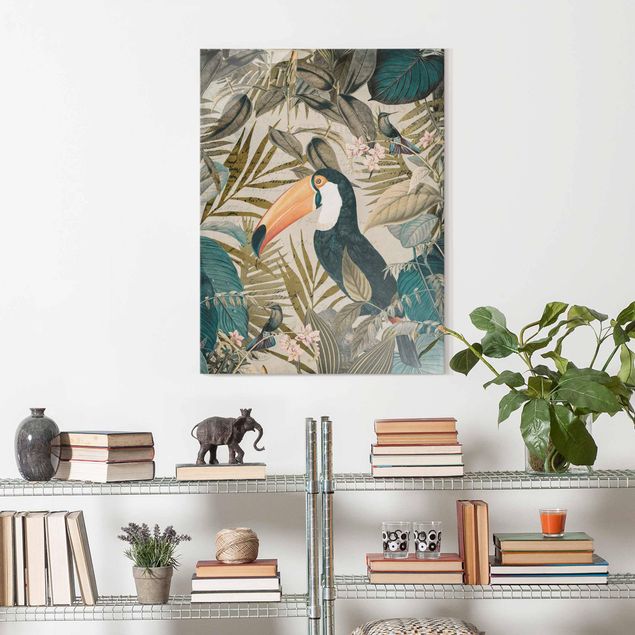 Obrazy na szkle zwierzęta Kolaże w stylu vintage - Tukan w dżungli