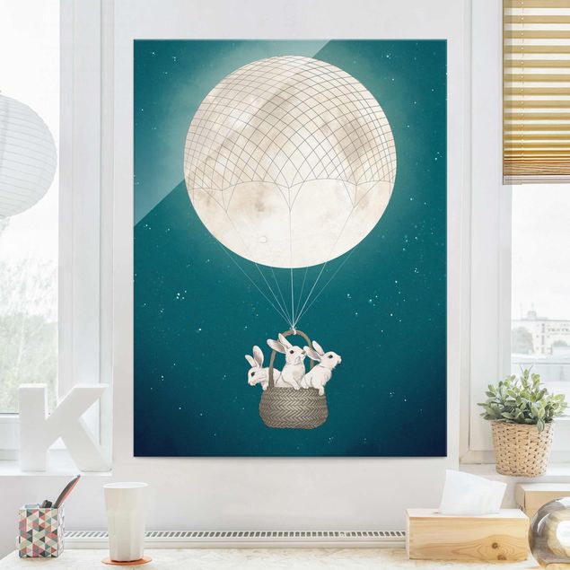 Obrazy artystów Ilustracja królik Księżyc Balon na ogrzane powietrze Gwieździste niebo