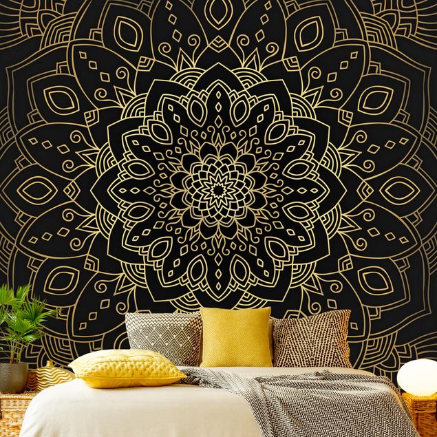 Tapety ornamenty Mandala wzór w kwiaty złoty czarny