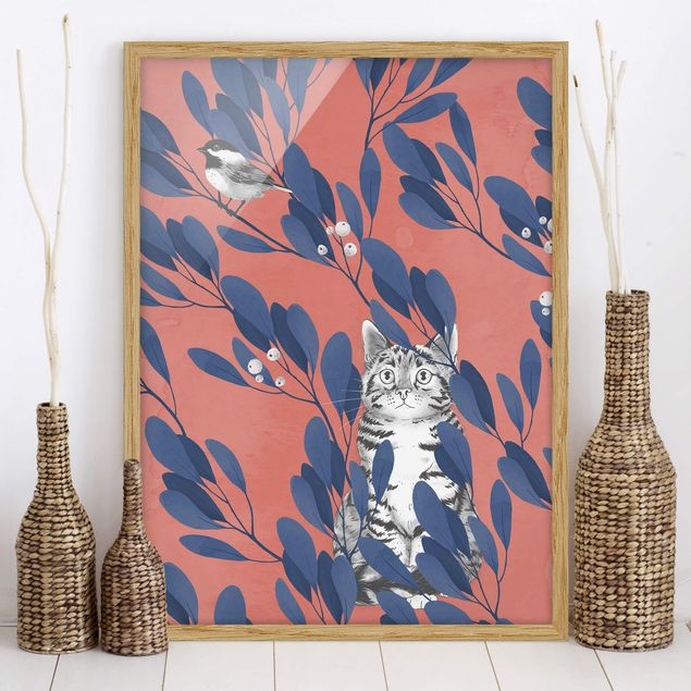 Dekoracja do kuchni Ilustracja przedstawiająca kota i ptaka na gałęzi Niebieskoczerwony