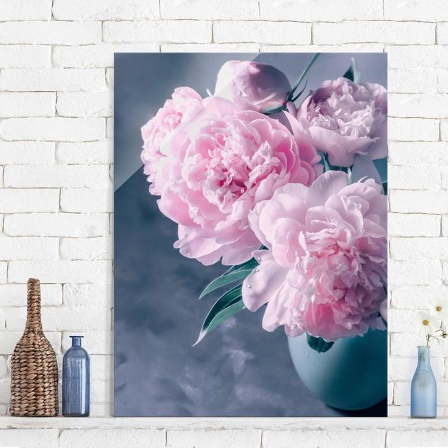 Obrazy motywy kwiatowe Wazon z różowymi peoniami Shabby