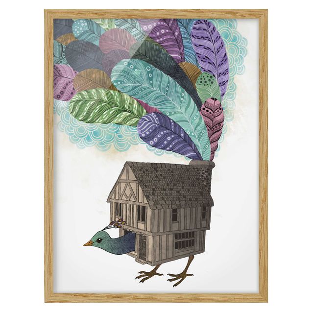 Obrazy w ramie do kuchni Ilustracja domku dla ptaków z piórami