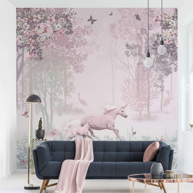 Fototapeta las Unicorn On Flowering Meadow In Pink