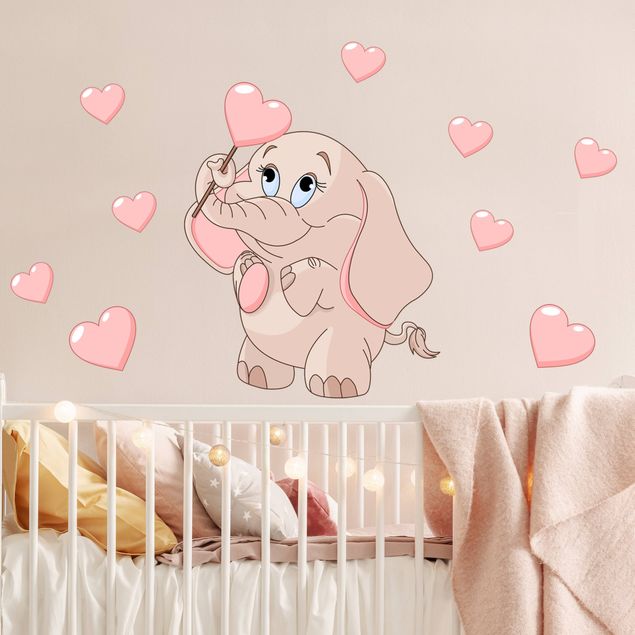 Pokój niemowlęcy Słonik z różowymi serduszkami