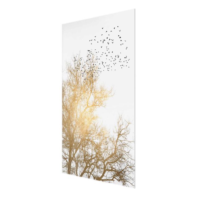 Nowoczesne obrazy Stado ptaków na tle złotego drzewa