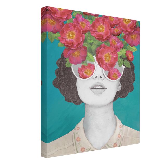 Obrazy do salonu Ilustracja portret kobiety Kolaż z kwiatami Okulary