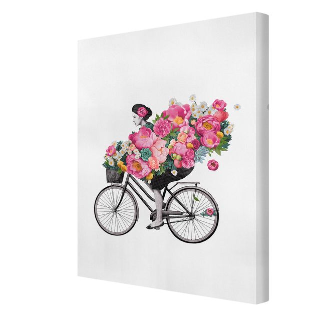 Różowy obraz Ilustracja Kobieta na rowerze Kolaż kolorowych kwiatów