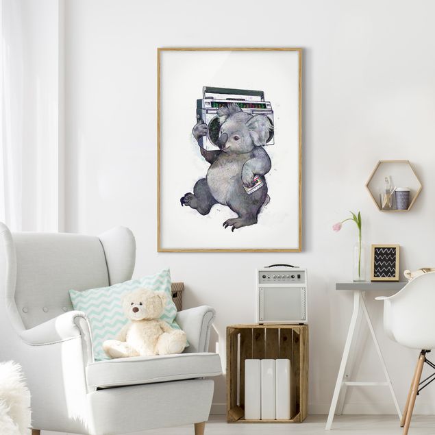 Obrazy w ramie do korytarzu Ilustracja Koala z radiem Malowanie