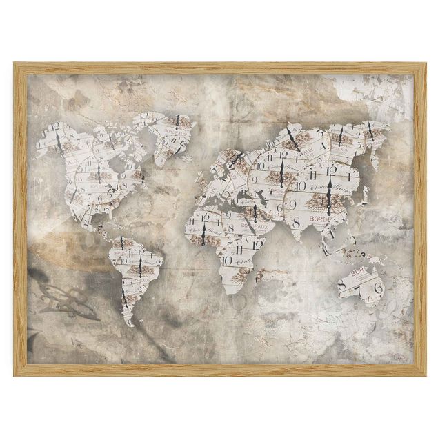 Obrazy w ramie do łazienki Zegary shabby Mapa świata