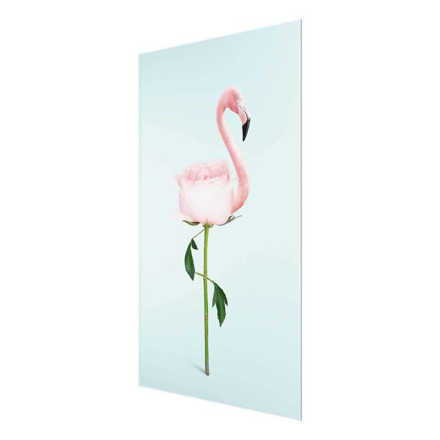 Obrazy na szkle zwierzęta Flamingo z różą