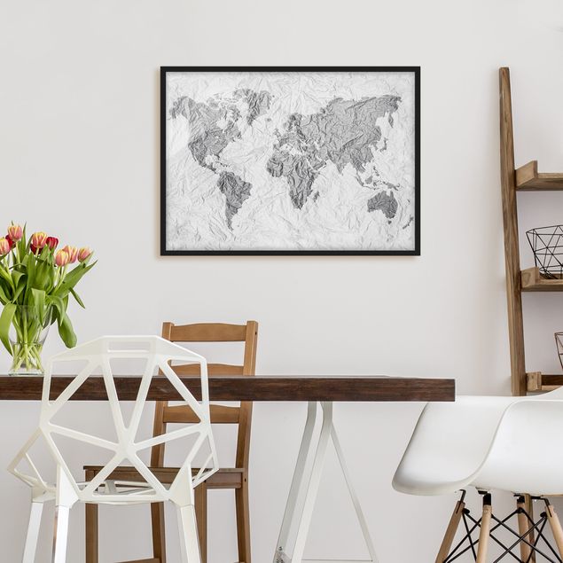 Obrazy w ramie do łazienki Papierowa mapa świata biała szara