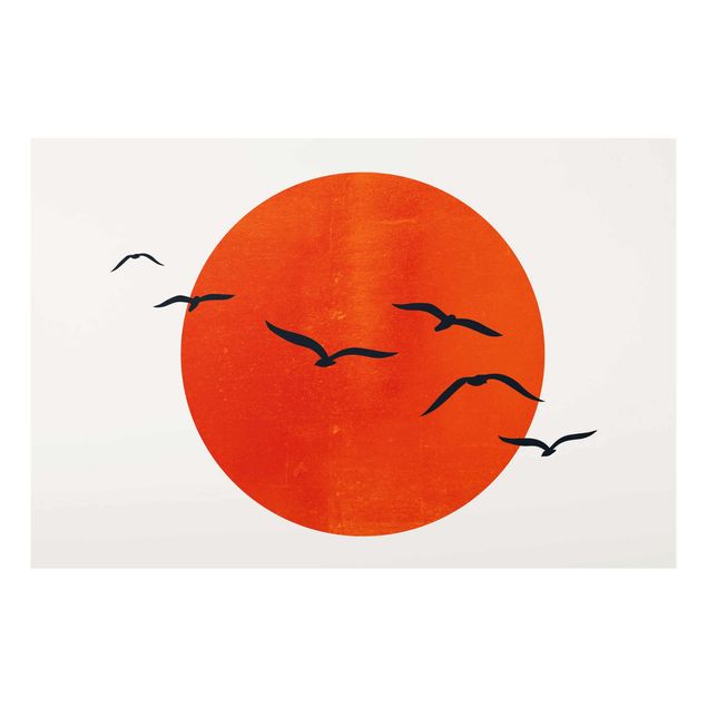 Obrazy na szkle zwierzęta Stado ptaków na tle czerwonego słońca I
