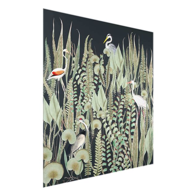 Obrazy do salonu Flamingo i bocian z roślinami na zielonym tle