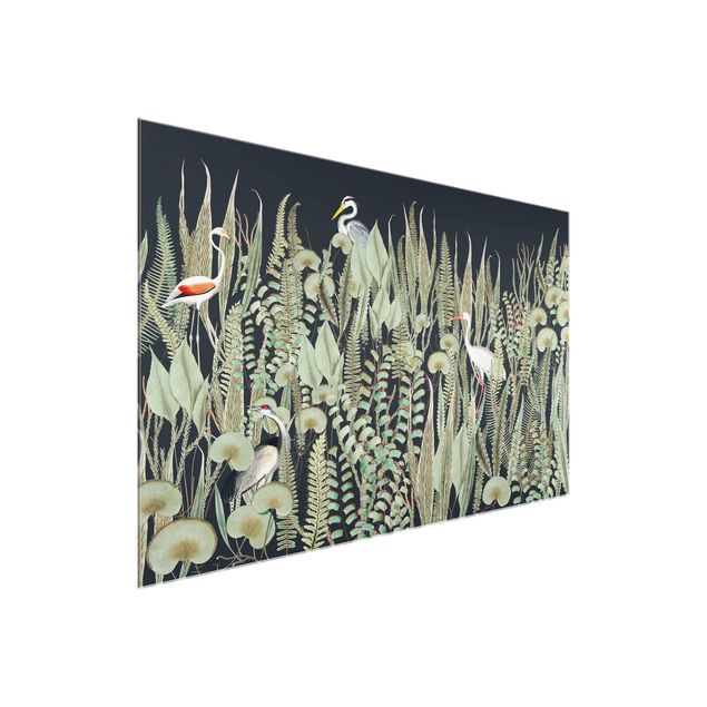 Obrazy do salonu Flamingo i bocian z roślinami na zielonym tle