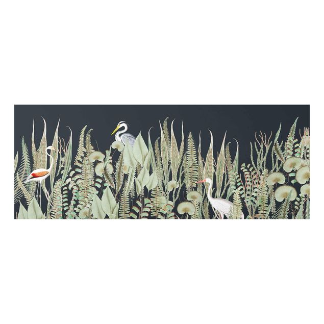 Obrazy nowoczesne Flamingo i bocian z roślinami na zielonym tle