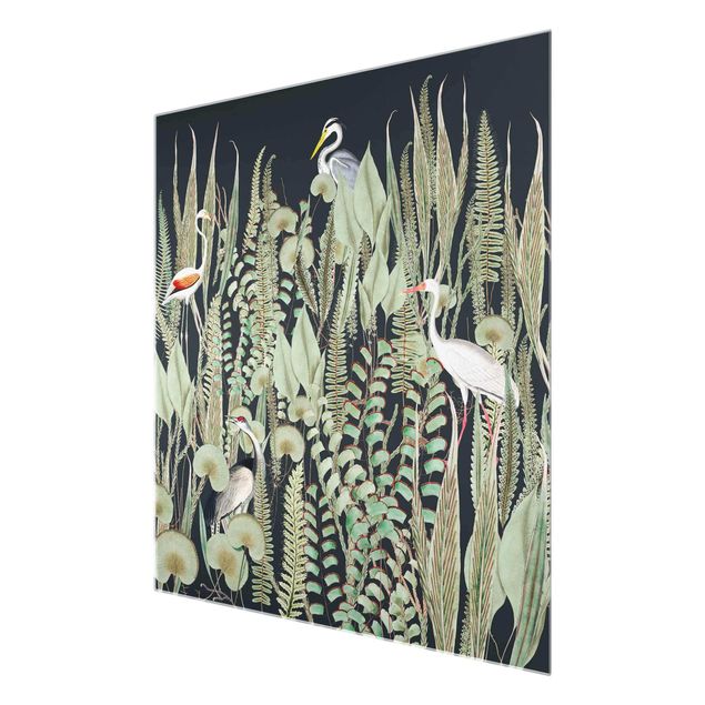 Obrazy zwierzęta Flamingo i bocian z roślinami na zielonym tle