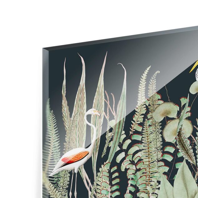 Obrazy vintage Flamingo i bocian z roślinami na zielonym tle
