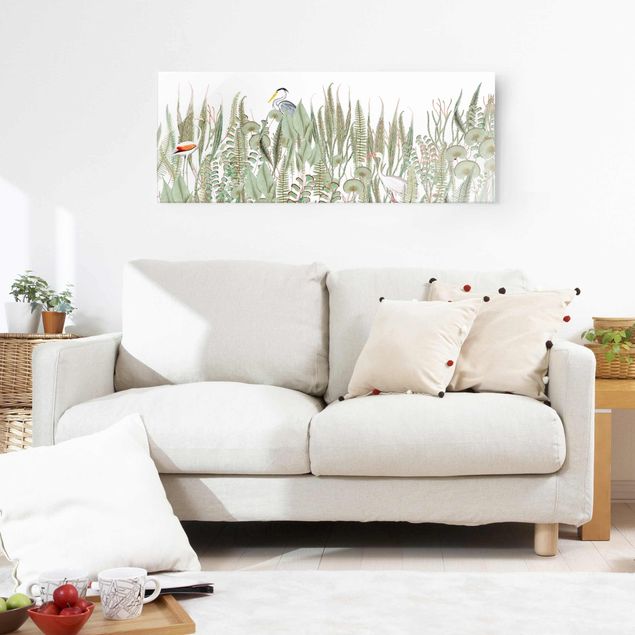 Obrazy na szkle panorama Flaming i bocian z roślinami
