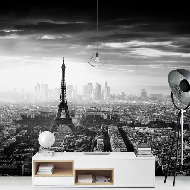 Tapety Paryż Wieża Eiffla z góry, czarno-biała