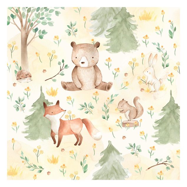 Fototapeta - Fox and bear with flowers and trees