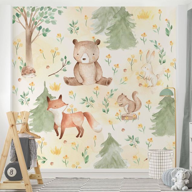 Pokój niemowlęcy i dziecięcy  Fox and bear with flowers and trees